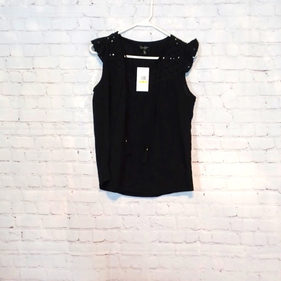 Jessica Simpson Black Cotton‎ Embroidery Black Sleeves Top NWT M - Picture 1 of 9